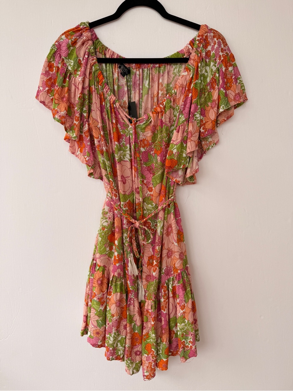 NWT Rachel Zoe Pink Orange Green  Floral Flutter Sleeve Mini Dress Large
